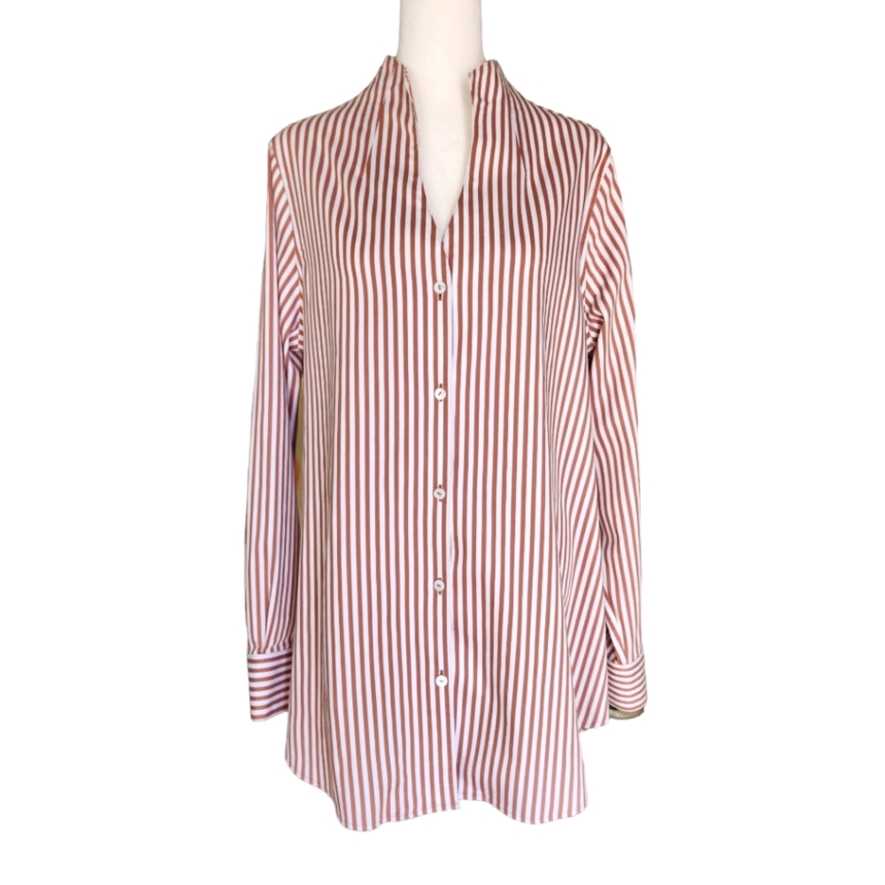 Foxcroft Striped White and Rust Orange Button Up Blouse 14 Large